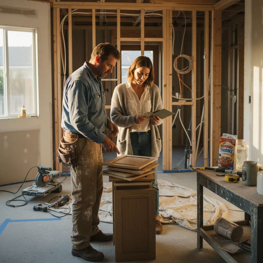 A San Diego homeowner and their ADU contractor review non-corrosive finish samples for a coastal property in La Jolla.