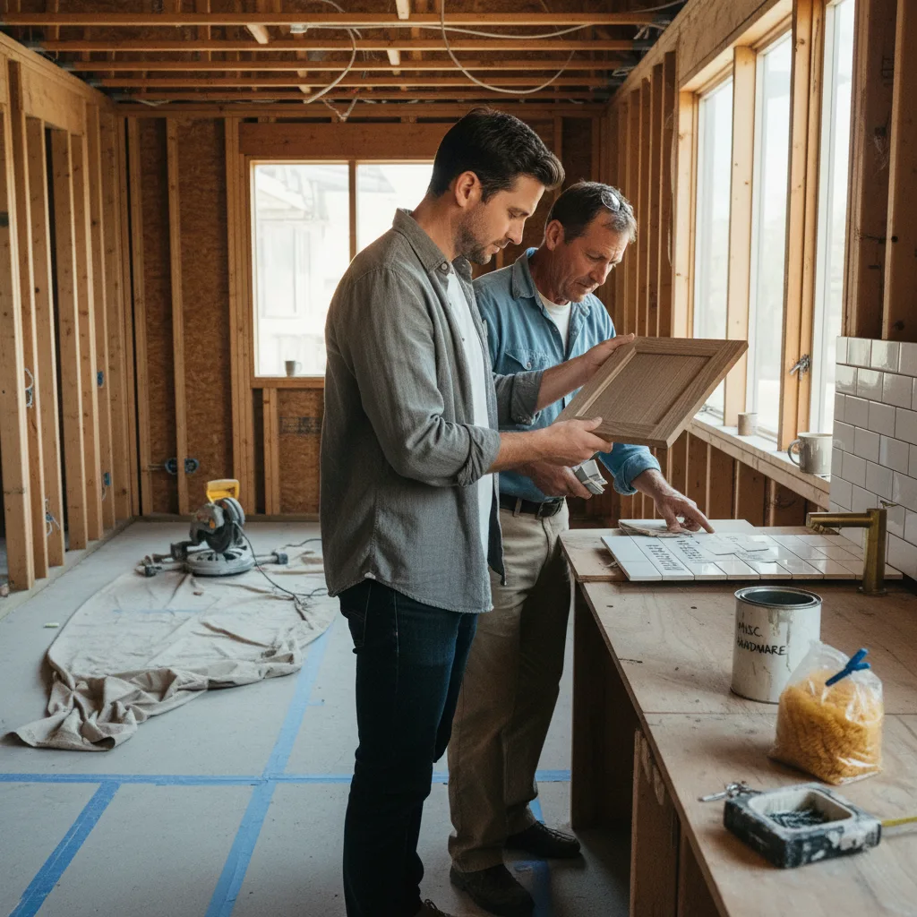 A landscape designer and a homeowner in Santa Monica review material samples for a new <a class=
