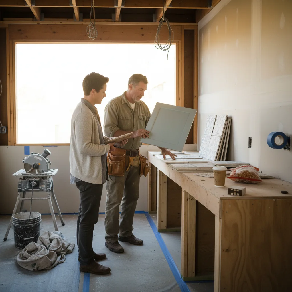 A homeowner and their outdoor kitchen contractor review countertop samples on a partially built island in a Sacramento backyard.