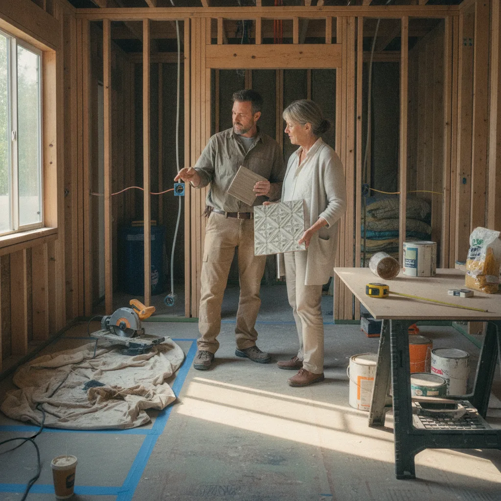 A homeowner and her contractor review countertop samples in a newly framed ADU in Beverly Hills, with sunlight streaming through the unfinished window openings.