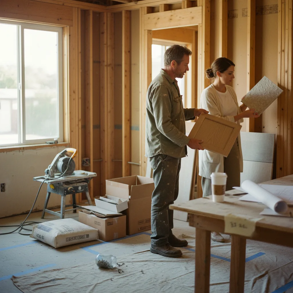 A Long Beach homeowner and their ADU contractor review material samples for a new backyard unit.