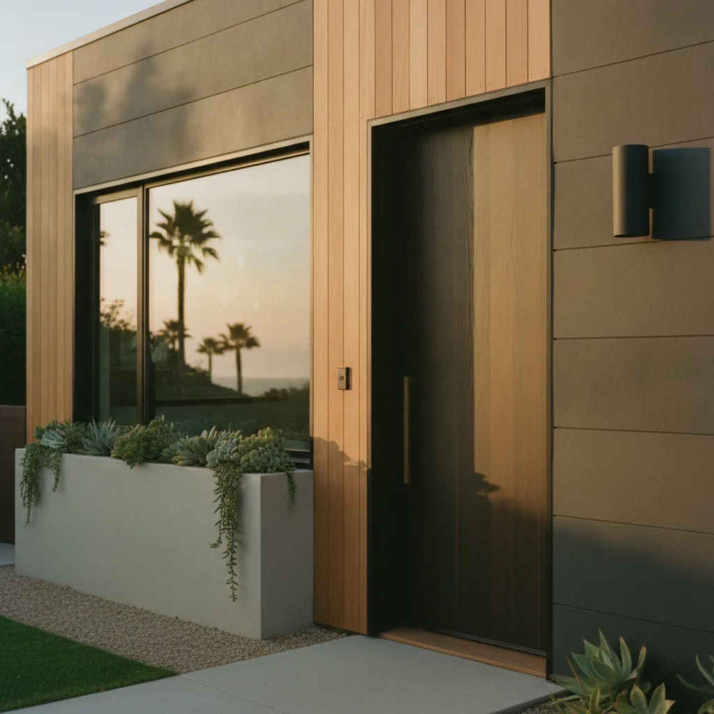 A homeowner and her architect reviewing large-format tile samples for an ADU project in their Newport Beach backyard.