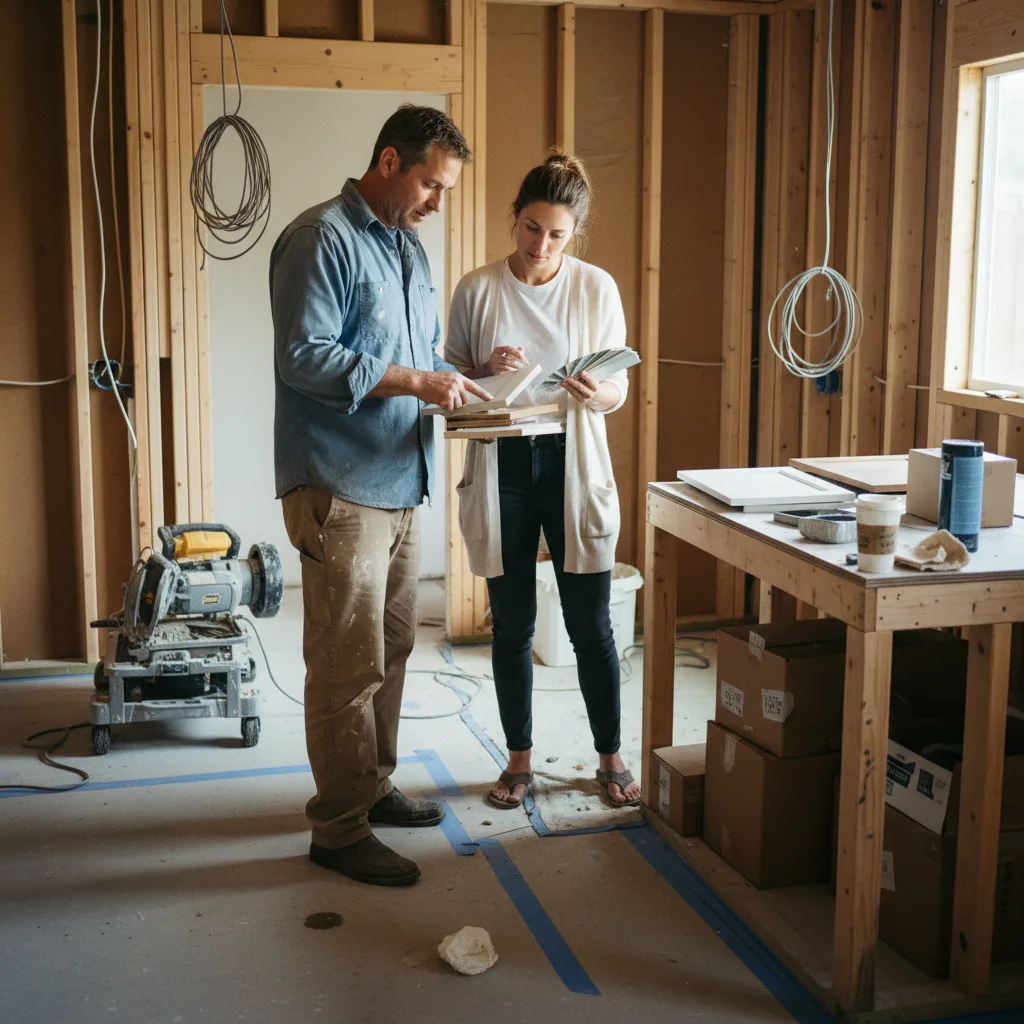 A homeowner and her contractor review countertop samples in the shell of a new ADU in Orange County.