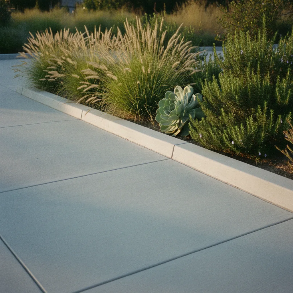 A new concrete driveway with a clean, light gray broom finish next to a modern home.
