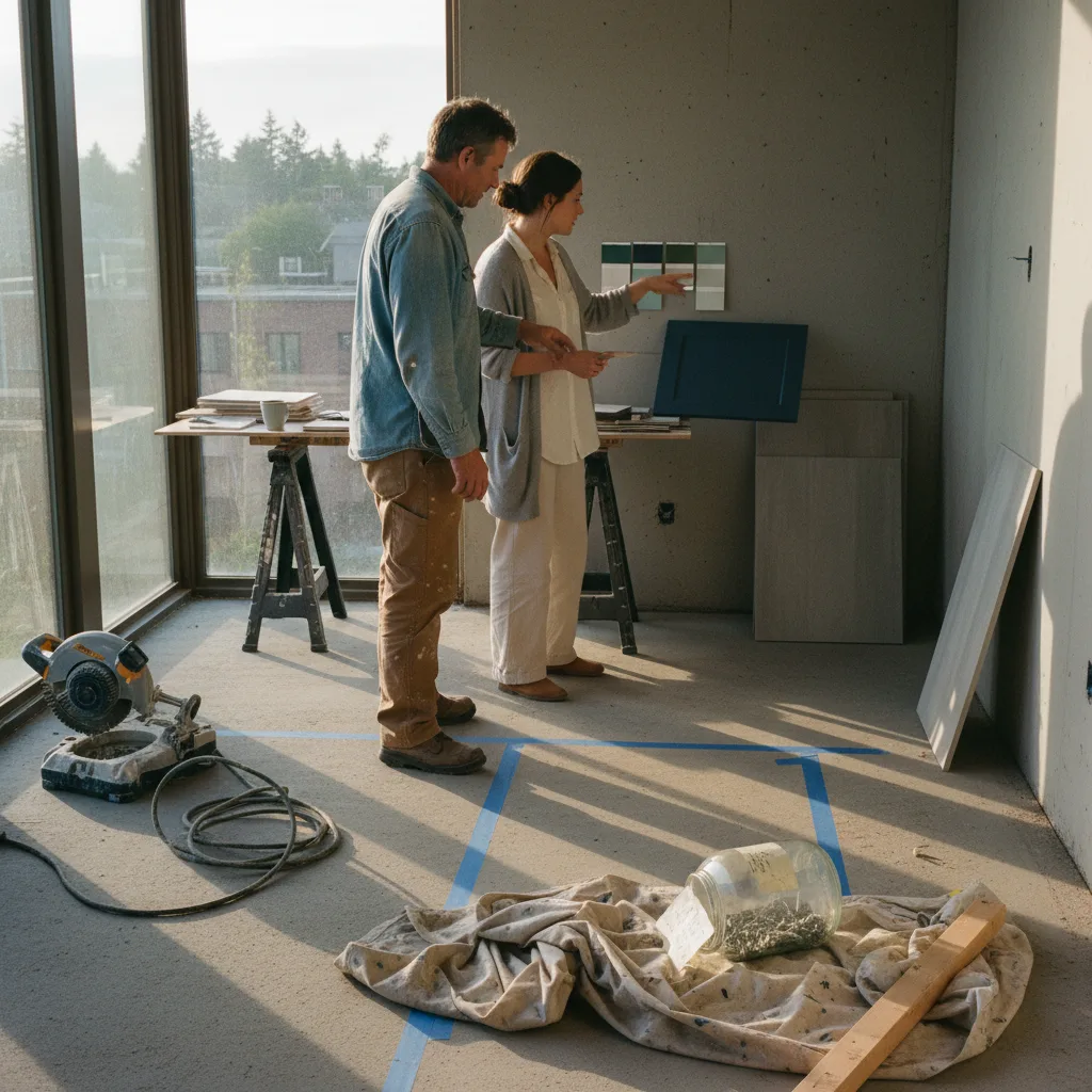 A Seattle homeowner and their concrete patio contractor review finish samples on a misty morning, comparing a light broom finish with an exposed aggregate option.