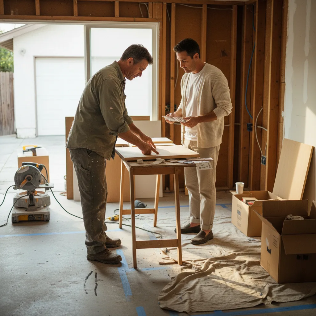 A Los Angeles contractor shows a homeowner paver samples on their cracked driveway, planning the new installation.