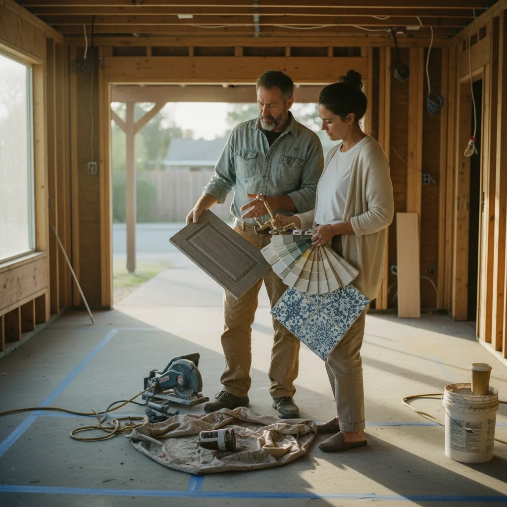 A driveway contractor in Sacramento discussing paver samples with a homeowner on their lawn, with material palettes laid out.