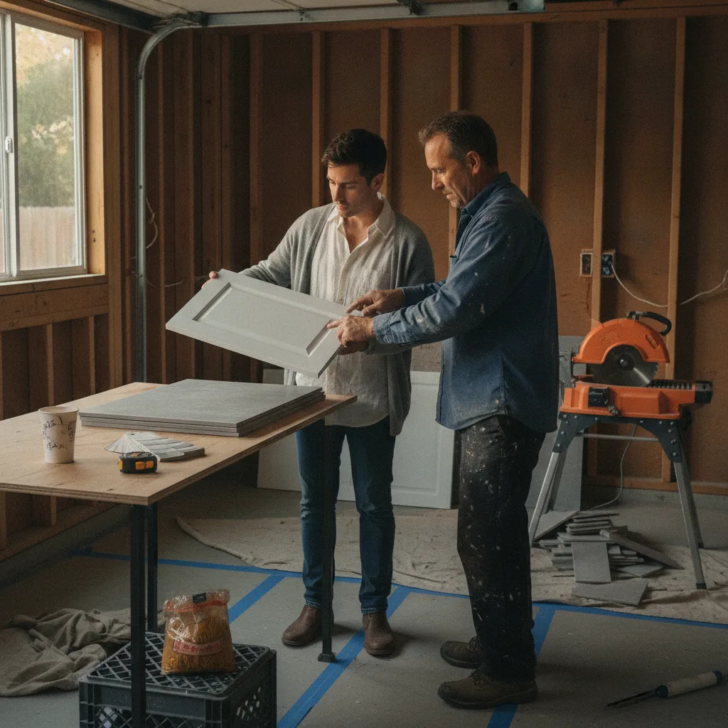 A San Jose driveway contractor and homeowner discuss paver color options from a sample board on-site.