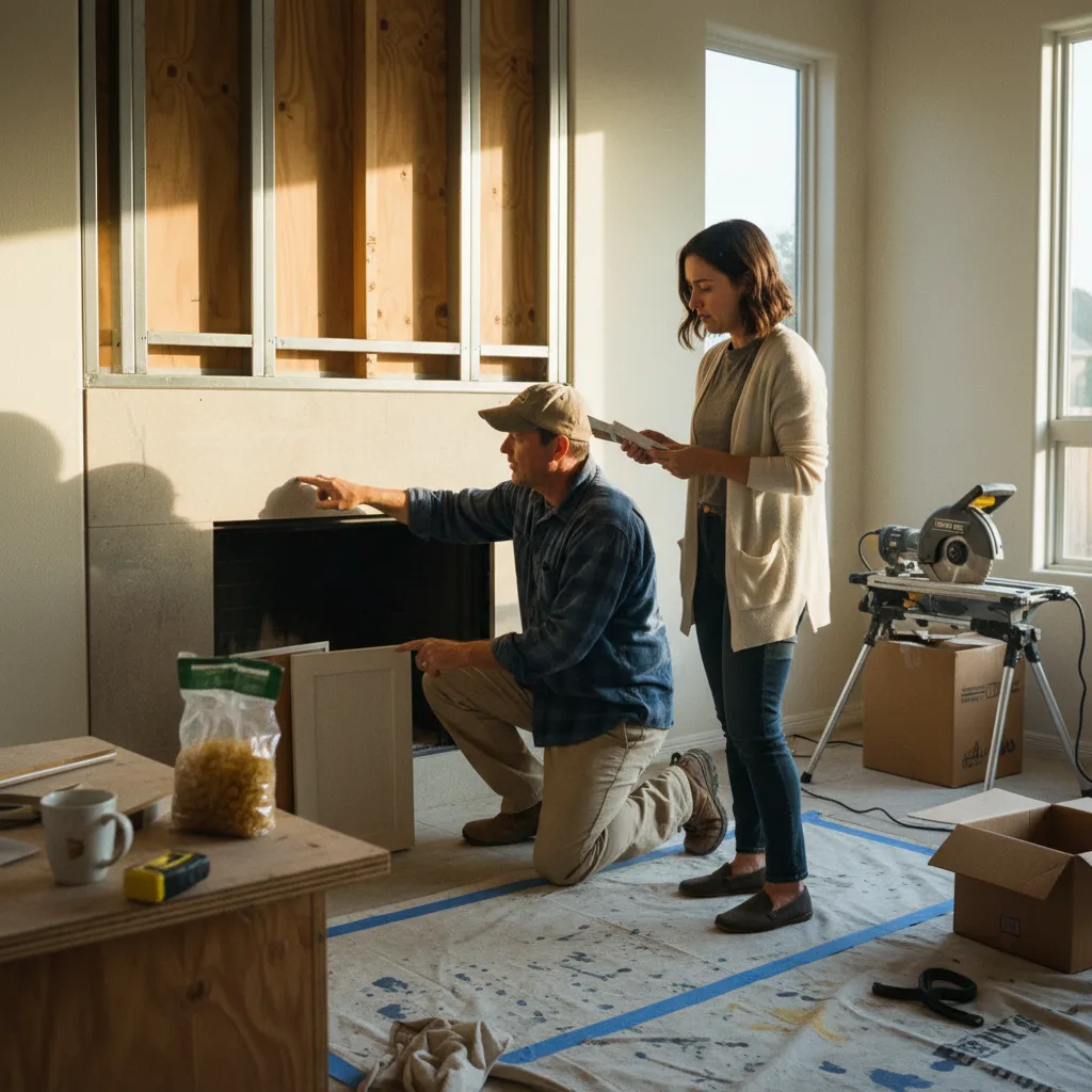 An Irvine homeowner and their contractor reviewing stone veneer samples for a new outdoor fireplace.