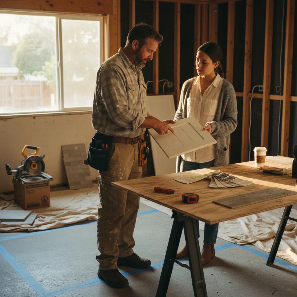 An Oakland homeowner and their contractor review blueprints for a garage conversion ADU project.