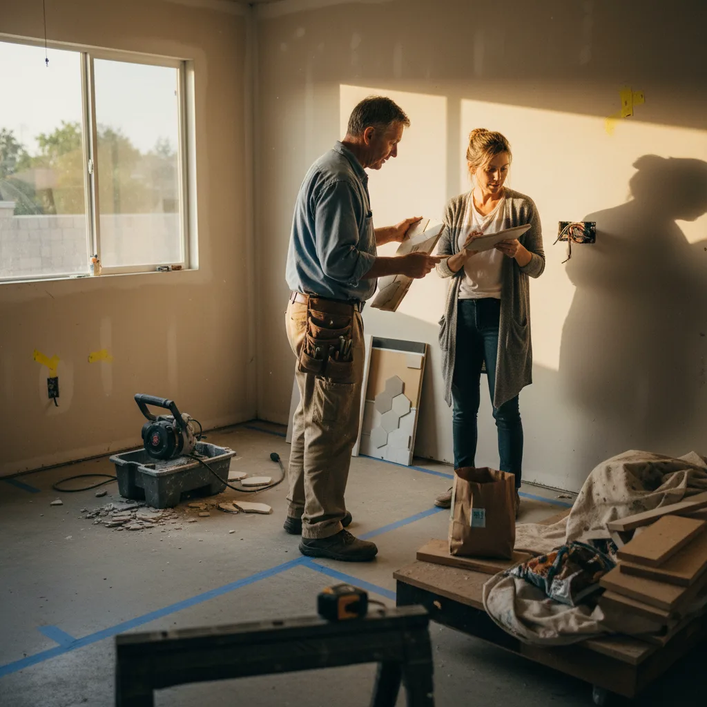 An Irvine homeowner and their garage conversion contractor review flooring samples inside a framed-out garage space.