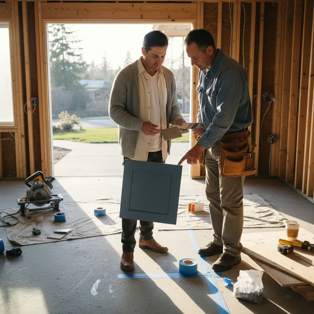 A driveway contractor in Bellevue reviews concrete finish samples with a homeowner on-site.