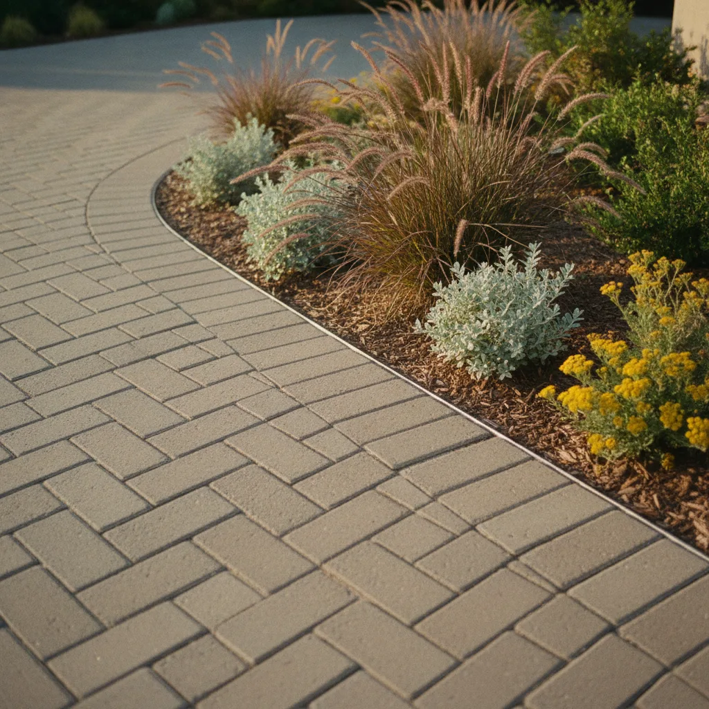 A driveway contractor and Bellevue homeowner review paver samples against the house siding.