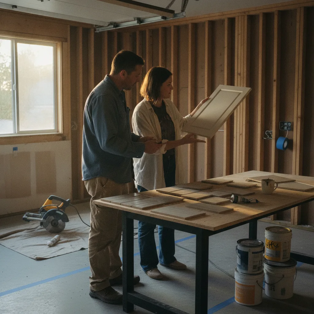 A Pasadena homeowner and their contractor reviewing tile samples for a garage conversion ADU.