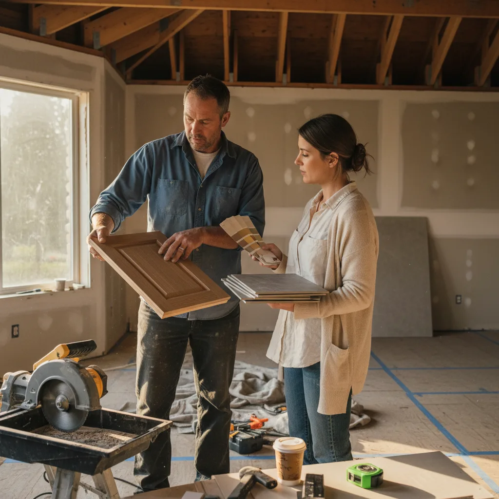 A Bellevue roofing contractor and homeowner review shingle samples against the house's siding on a clear day.