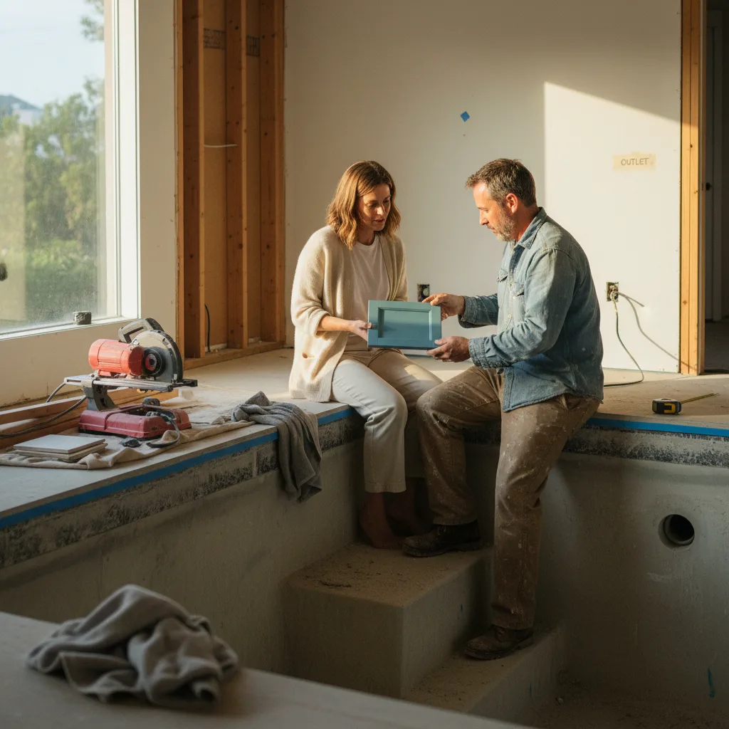 A Malibu homeowner and their pool contractor reviewing tile samples on-site during the construction phase.