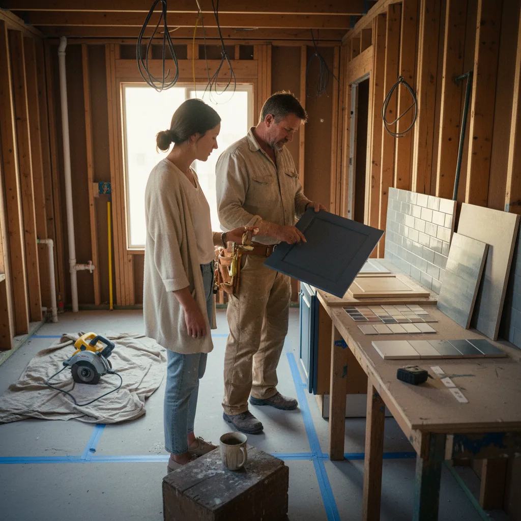 A Malibu homeowner and their ADU contractor review architectural plans on a sunlit construction site with the Pacific Ocean in the background.