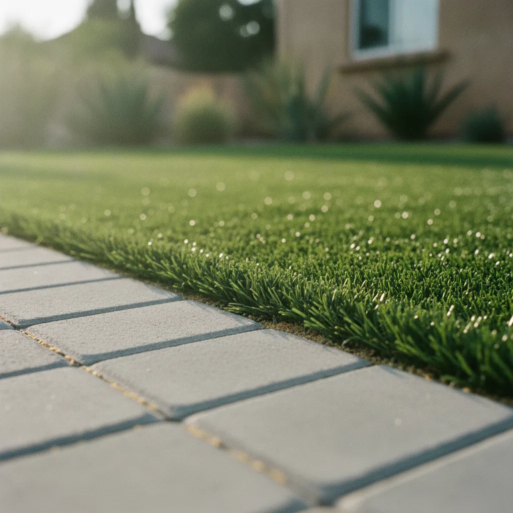 A freshly installed artificial turf lawn in Pasadena, California, featuring a deep green color and perfect seams, bordered by a modern concrete paver patio and drought-tolerant plants.