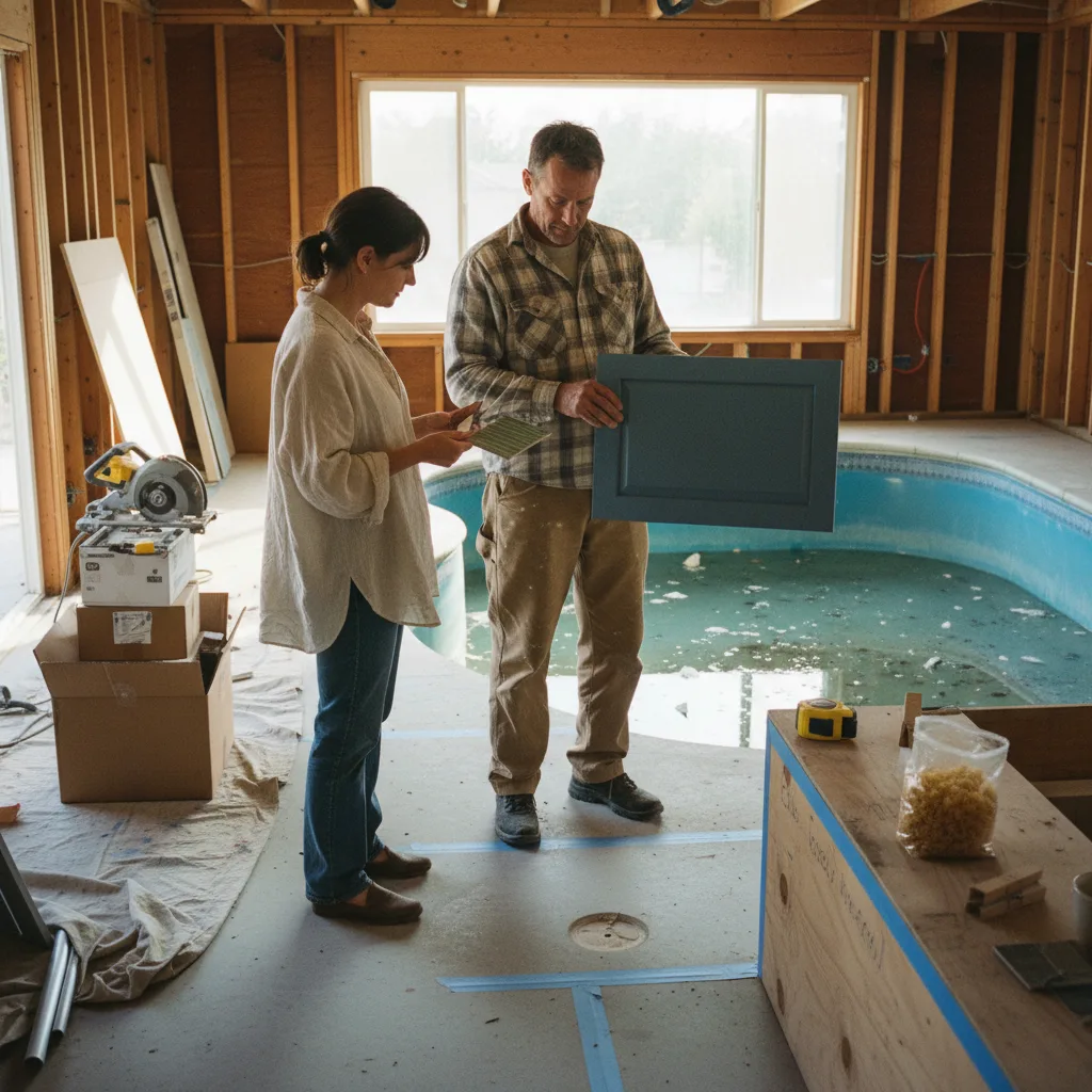 A homeowner and their pool contractor review tile samples on a sunny Pasadena patio.