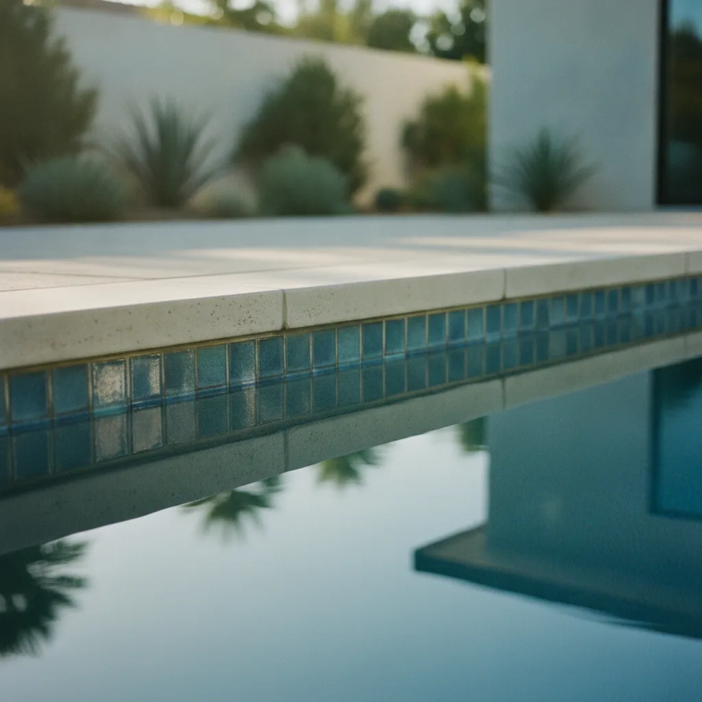 A homeowner and their pool contractor review tile samples and deck paver options beside a newly excavated pool site in Pasadena.