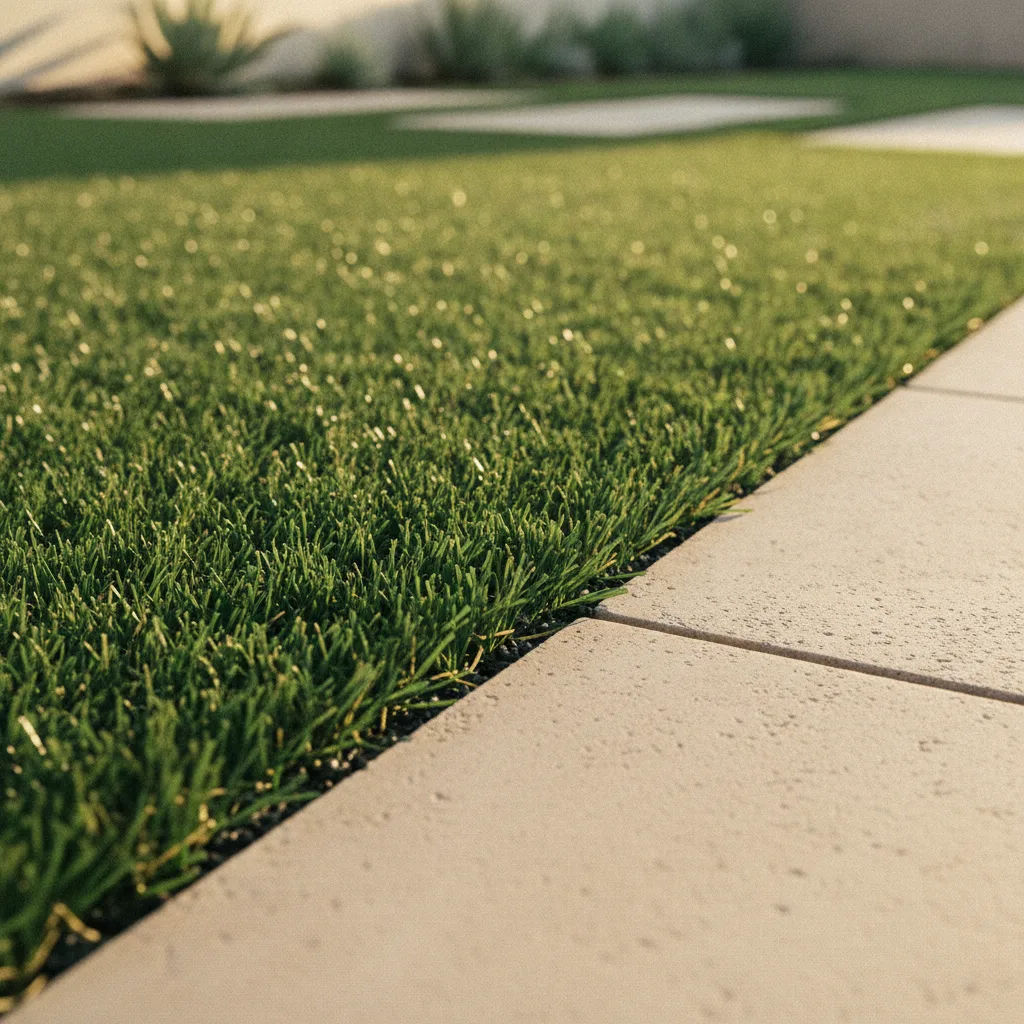 A newly installed artificial turf lawn with perfect green blades next to a modern concrete patio and walkway.