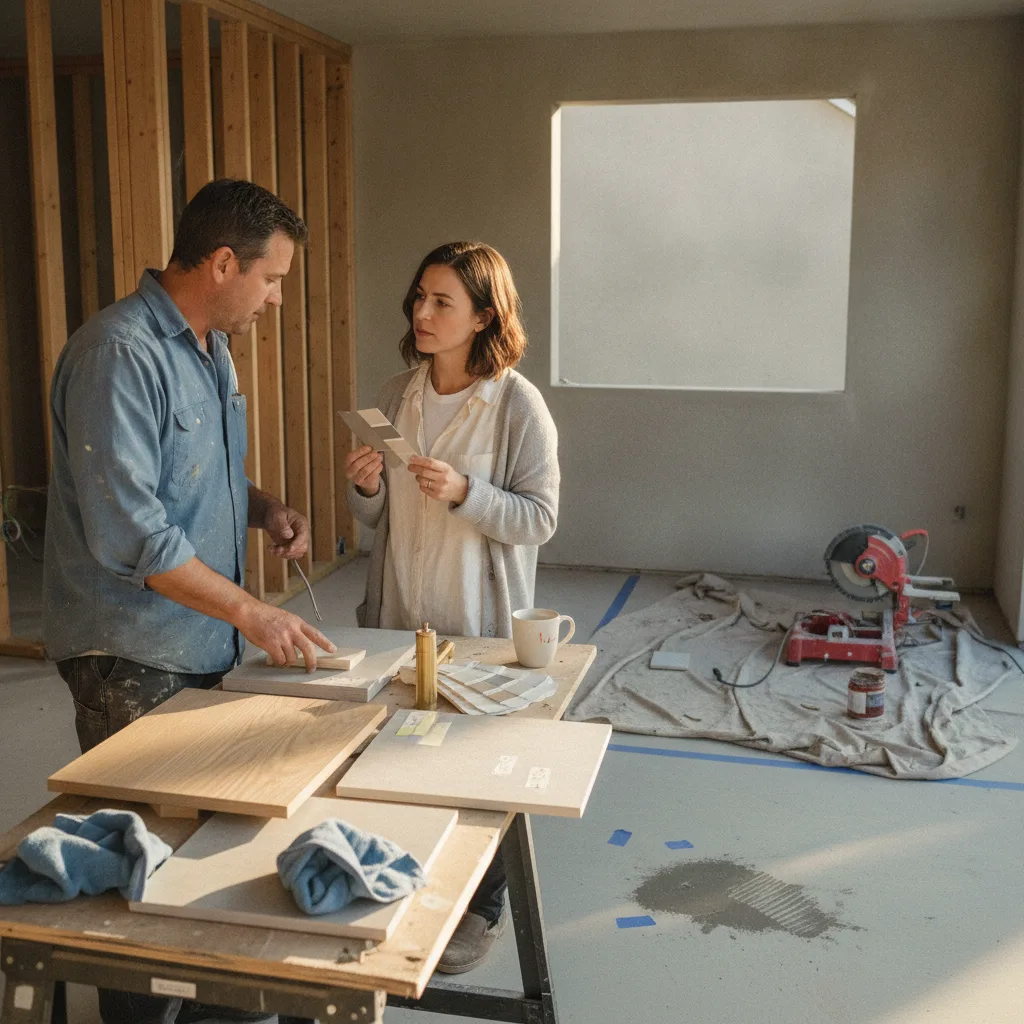 A concrete patio contractor in Orange County discusses finish options with a homeowner, pointing to stamped concrete sample swatches.