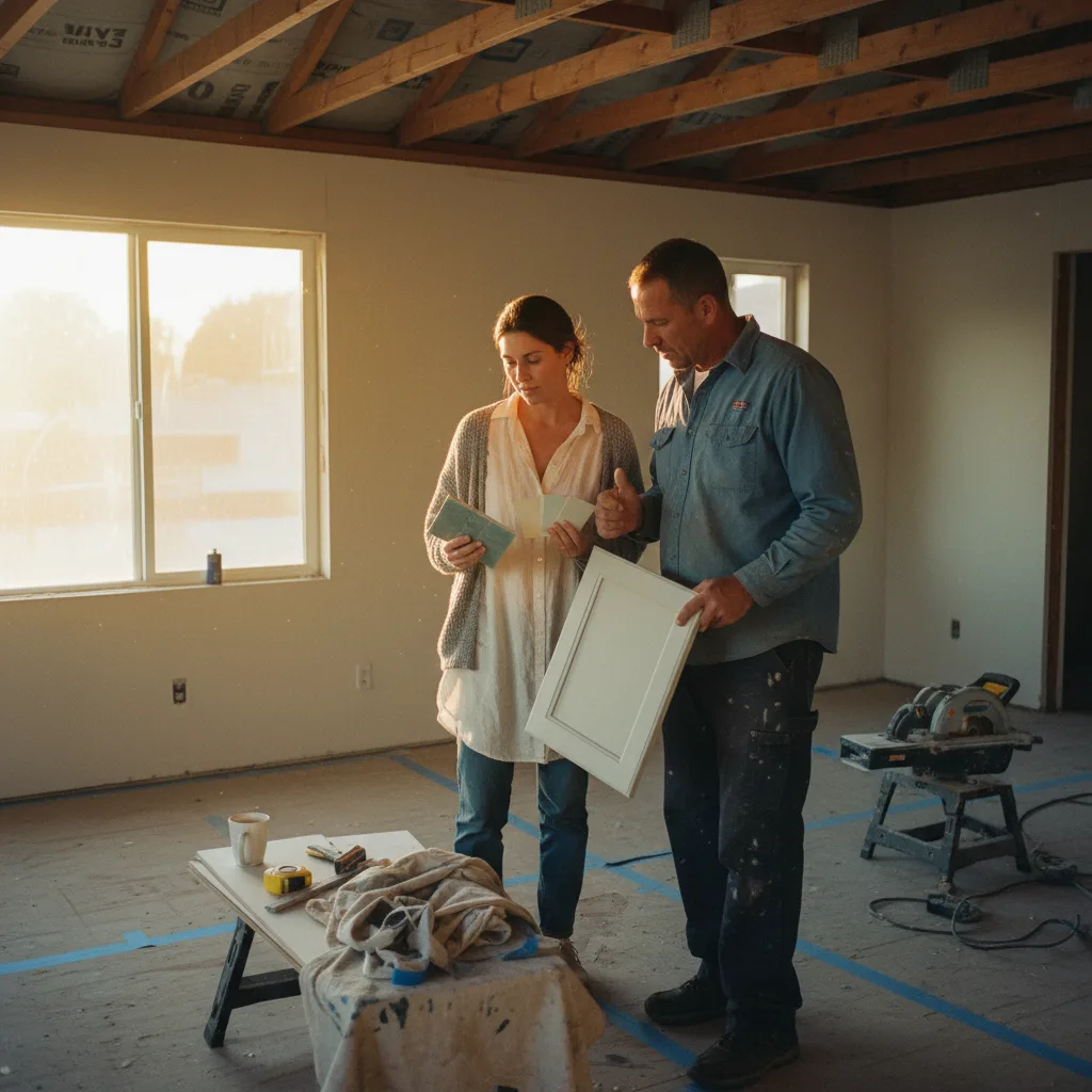 A roofing contractor and a homeowner in Los Angeles reviewing <a class=