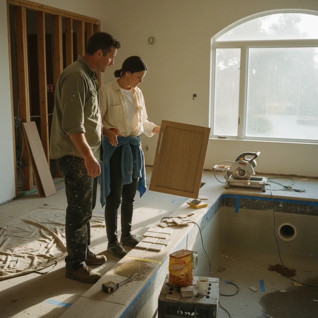 A Newport Beach homeowner discusses tile samples with their pool contractor beside a newly plastered pool shell.