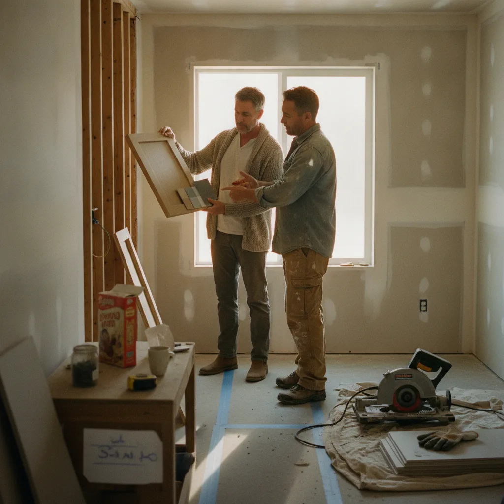 A Riverside contractor and homeowner review fiber cement siding samples in front of a partially completed wall.