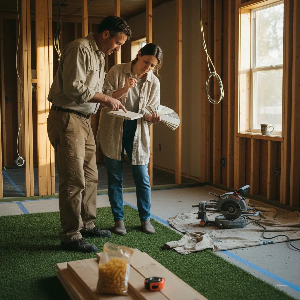 An Oakland homeowner and their artificial turf install contractor reviewing different turf samples on a partially prepared yard.