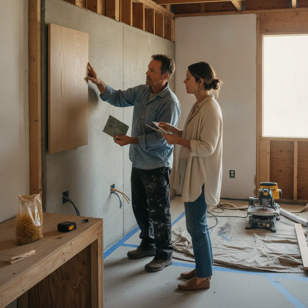 A retaining wall contractor discusses drainage options with a homeowner in Malibu, pointing to a geotextile fabric sample.