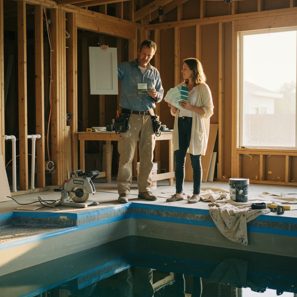 A homeowner and her contractor review tile samples for a new pool build in their San Jose backyard.