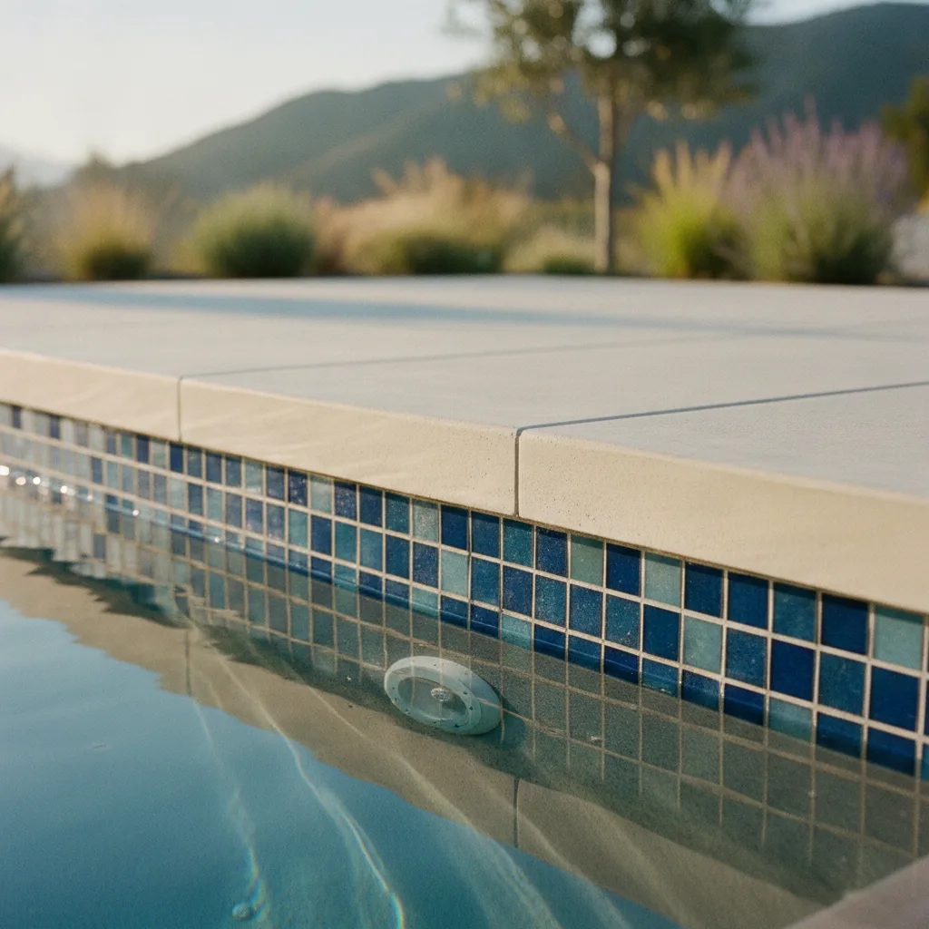 A homeowner and their pool contractor review tile and coping samples next to a newly excavated pool site in a sunny San Jose backyard.