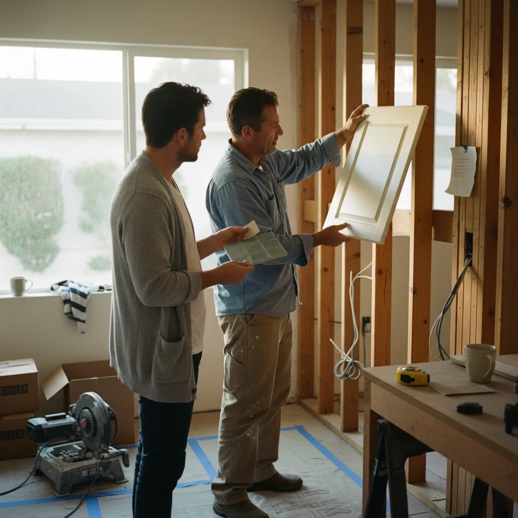 A San Diego homeowner and their siding contractor review fiber cement board samples against the home's exterior wall.