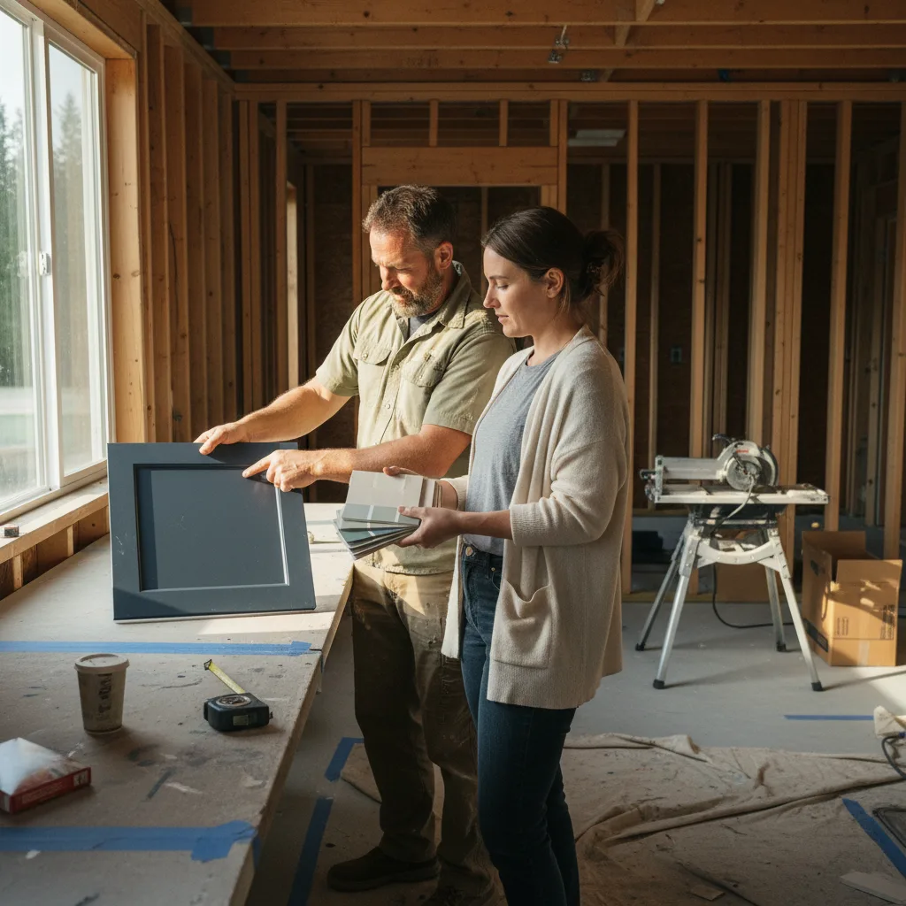 A homeowner and her contractor review countertop samples inside a partially constructed ADU in Bellevue.
