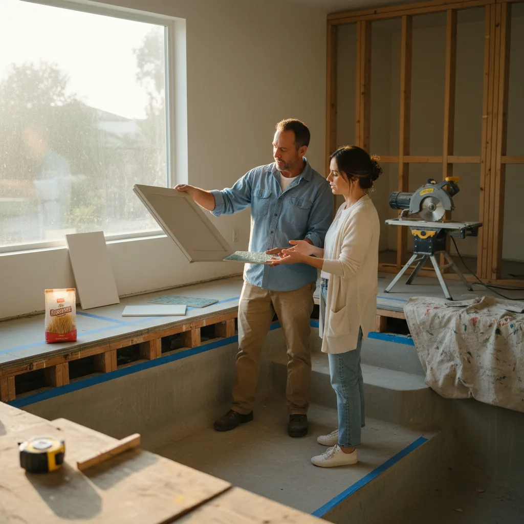 An Orange County homeowner and their pool contractor reviewing tile samples by the new gunite shell.