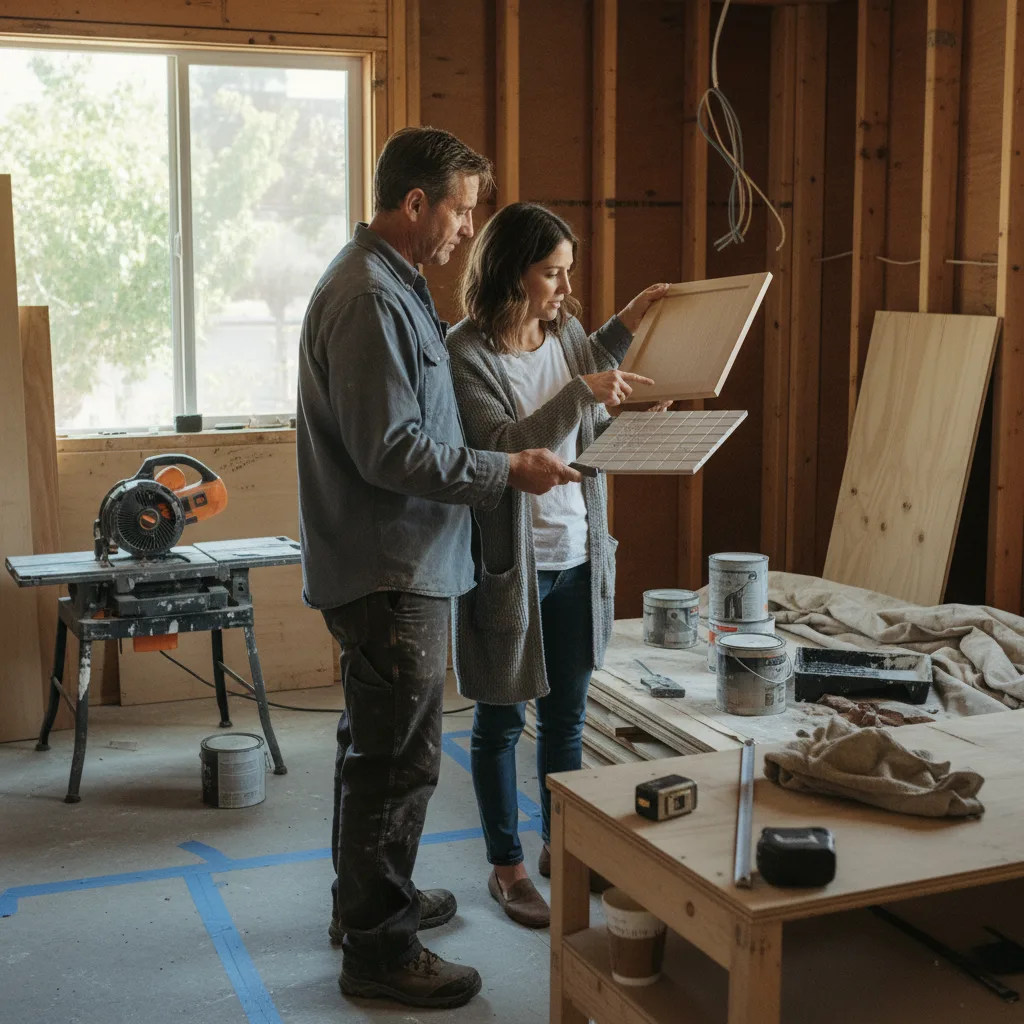 A homeowner and their ADU contractor in Pasadena review blueprints on-site during the framing stage of the ADU build.