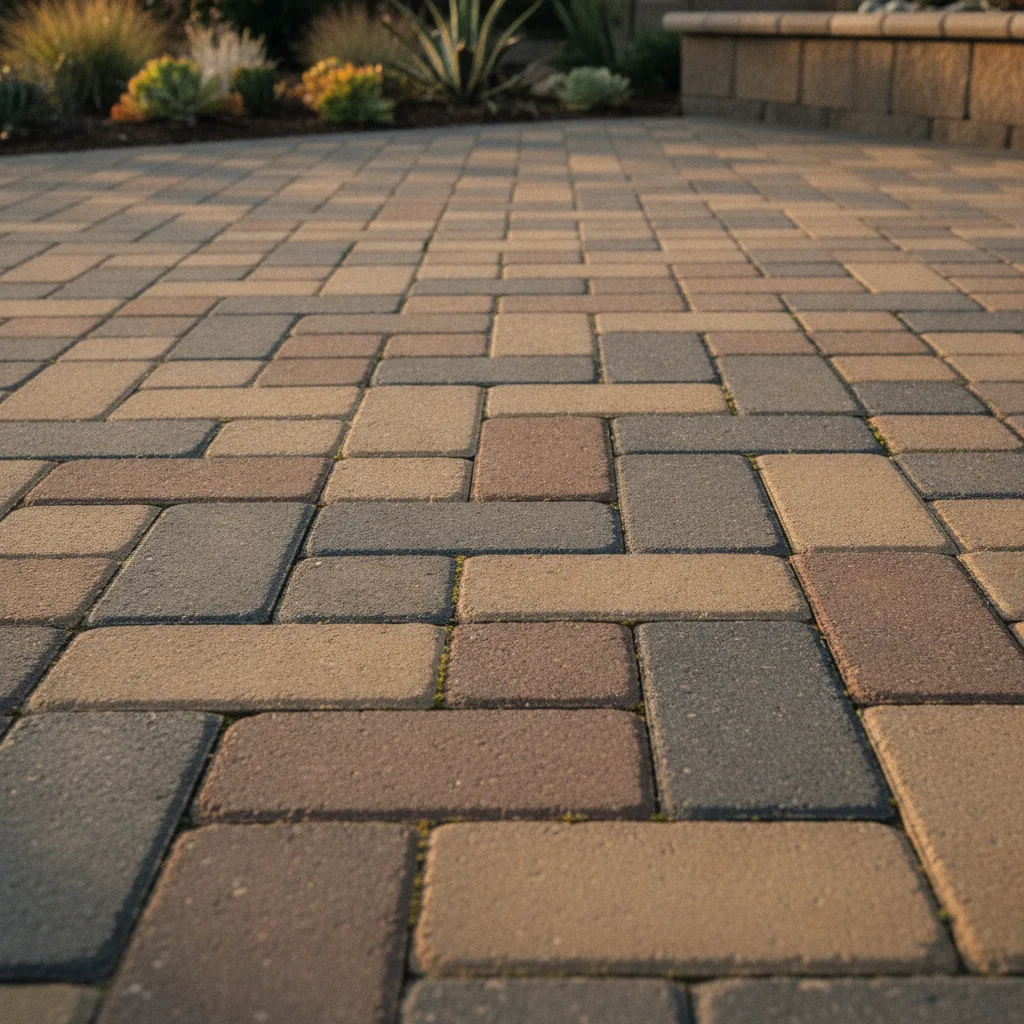 A newly installed paver patio with a herringbone pattern, showing the clean lines of the pavers, polymeric sand in the joints, and a dark plastic edge restraint secured with spikes into the aggregate base.