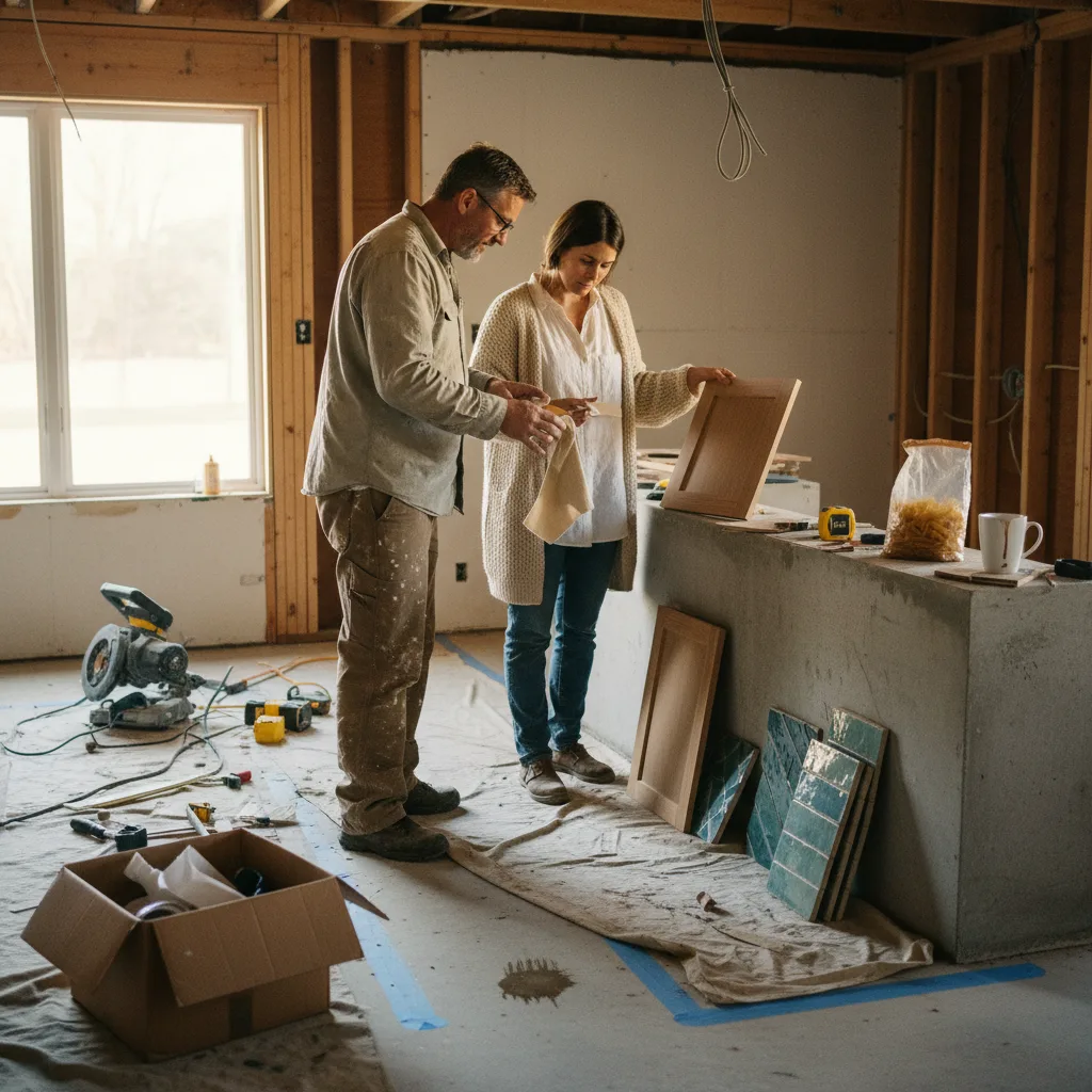 A retaining wall contractor and homeowner in Sacramento review geogrid placement plans on a tablet during construction.