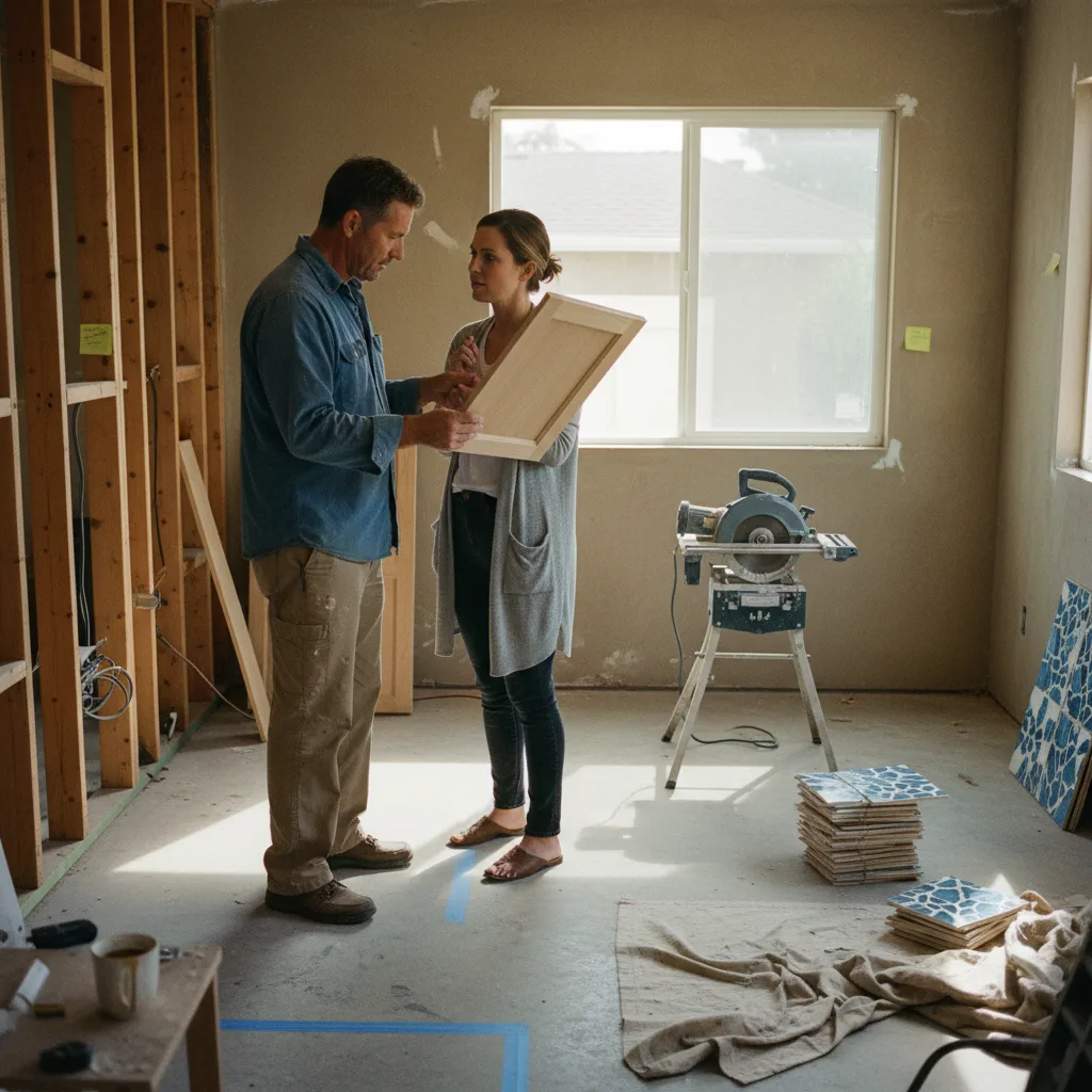 A Long Beach homeowner and their concrete contractor review stamped concrete samples for a new patio project.
