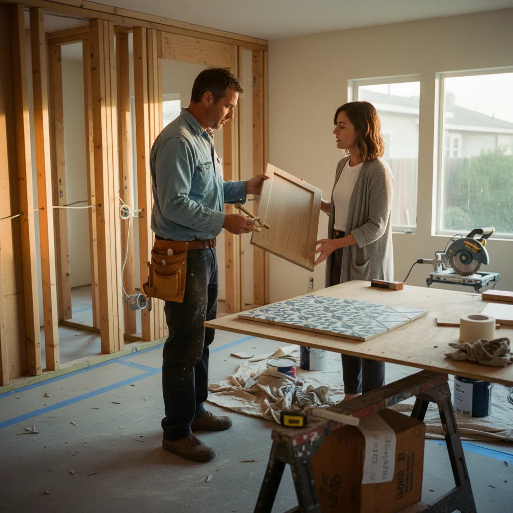 A Los Angeles homeowner reviews landscape design plans with her contractor, pointing to a selection of drought-tolerant plant samples on an outdoor table.