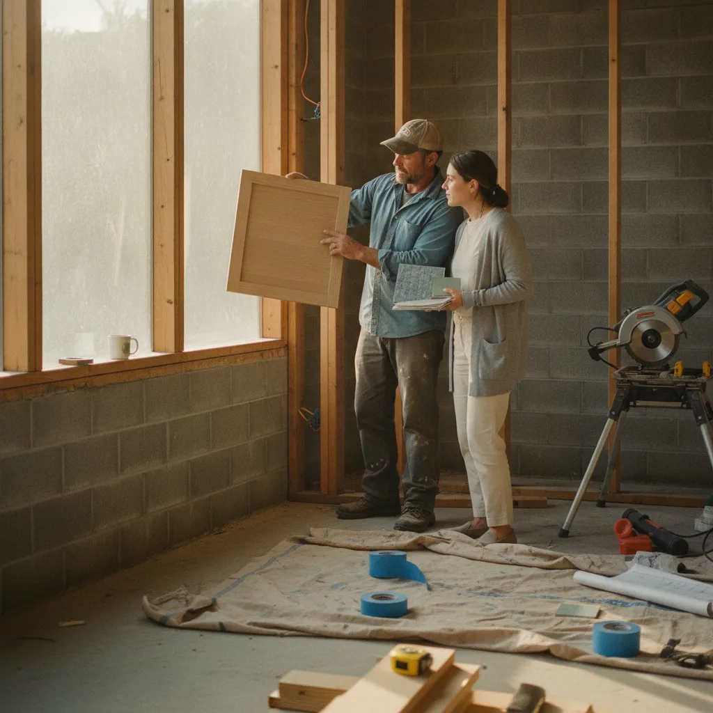 A retaining wall contractor in Newport Beach discusses drainage plans with a homeowner, pointing at the geotextile fabric behind the wall blocks.