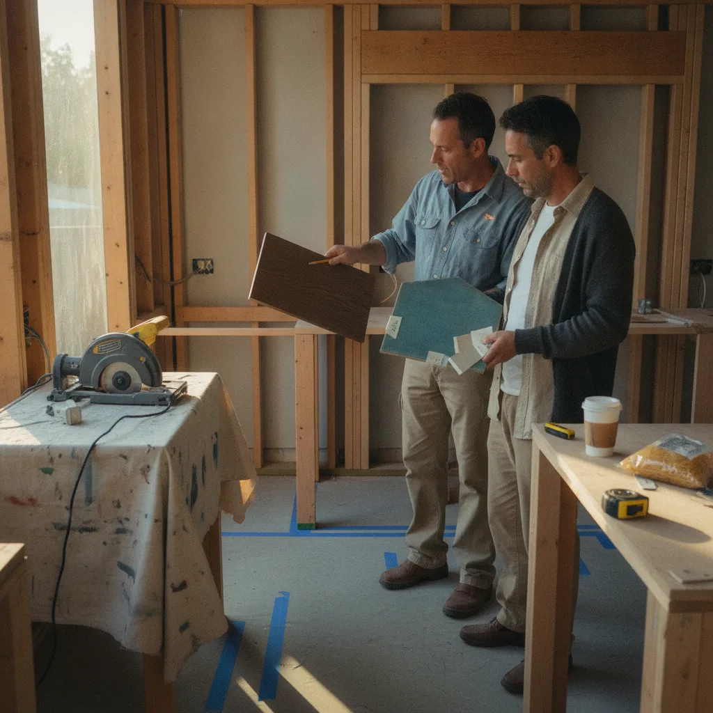 An outdoor kitchen contractor reviews blueprints with a homeowner in their Oakland backyard, pointing to the location for a built-in grill.