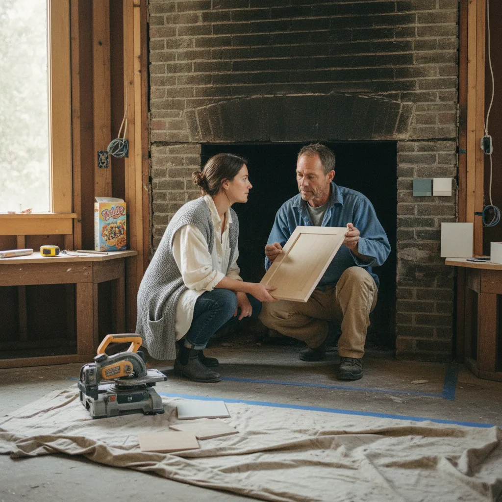 A homeowner and their contractor review natural stone veneer samples for an outdoor fireplace project in a Seattle backyard.