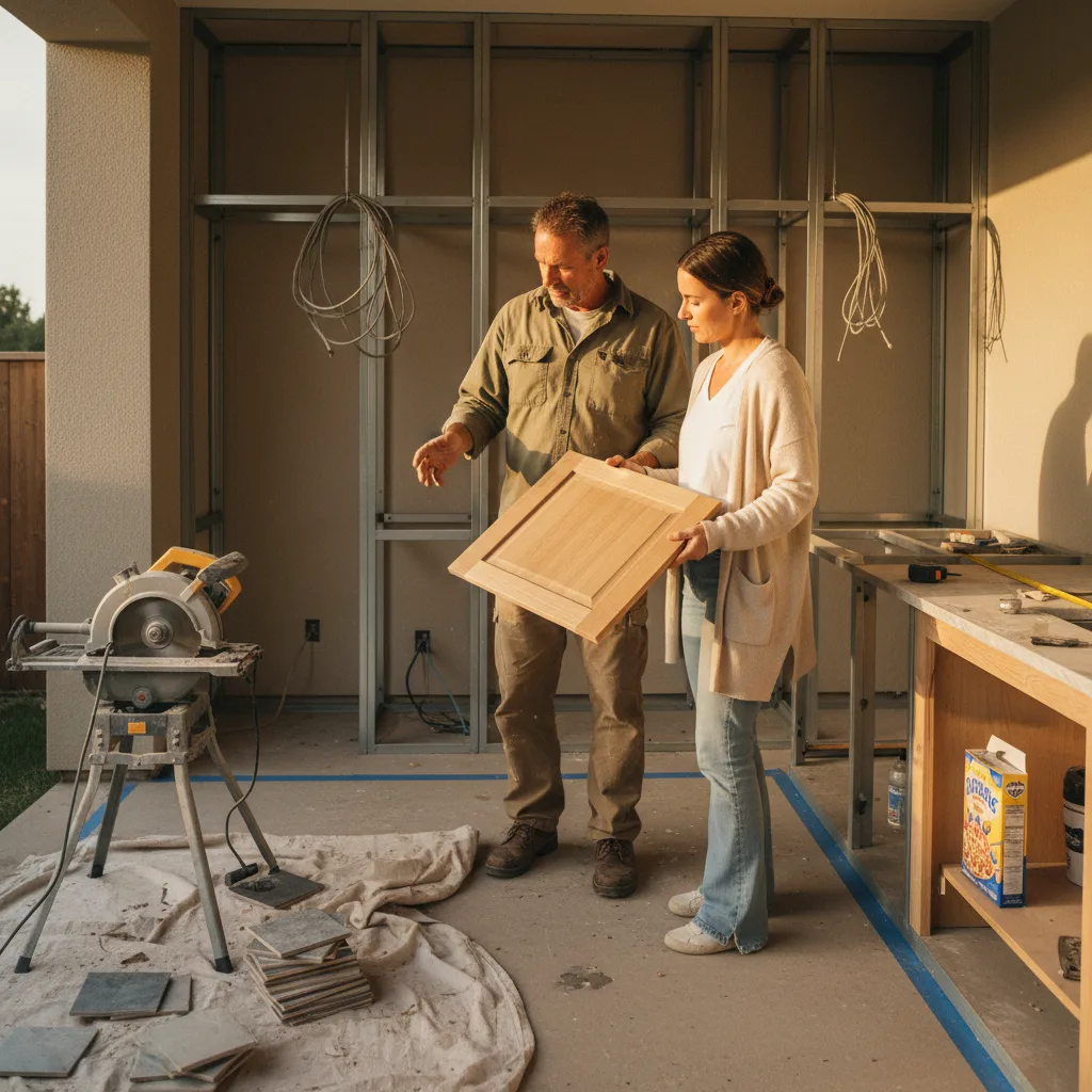 A homeowner in an Irvine backyard discusses countertop samples with her outdoor kitchen contractor.