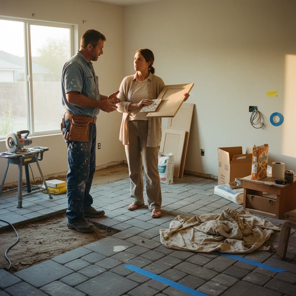 A paver patio contractor in Riverside discusses paver samples with a homeowner on a prepared base.