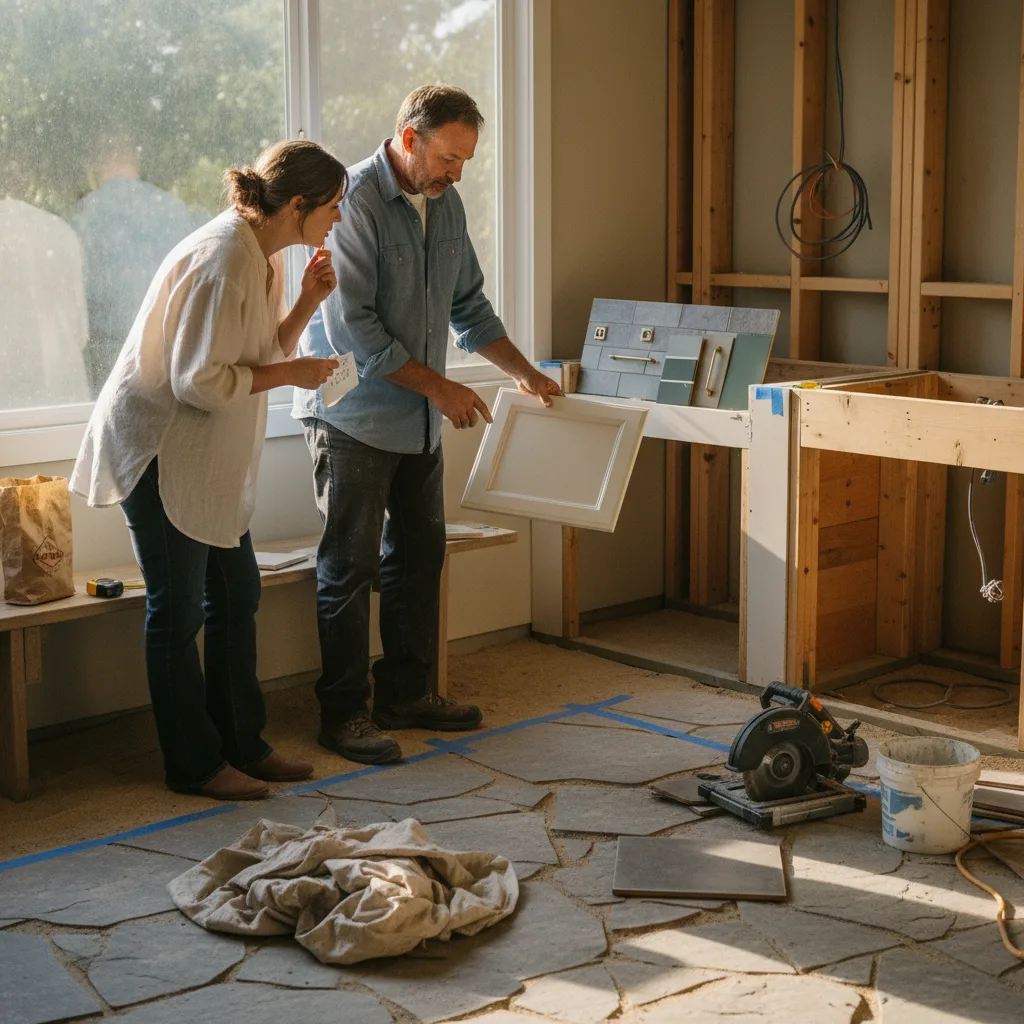 A Sacramento homeowner and a paver contractor review paver samples on a prepared gravel base.
