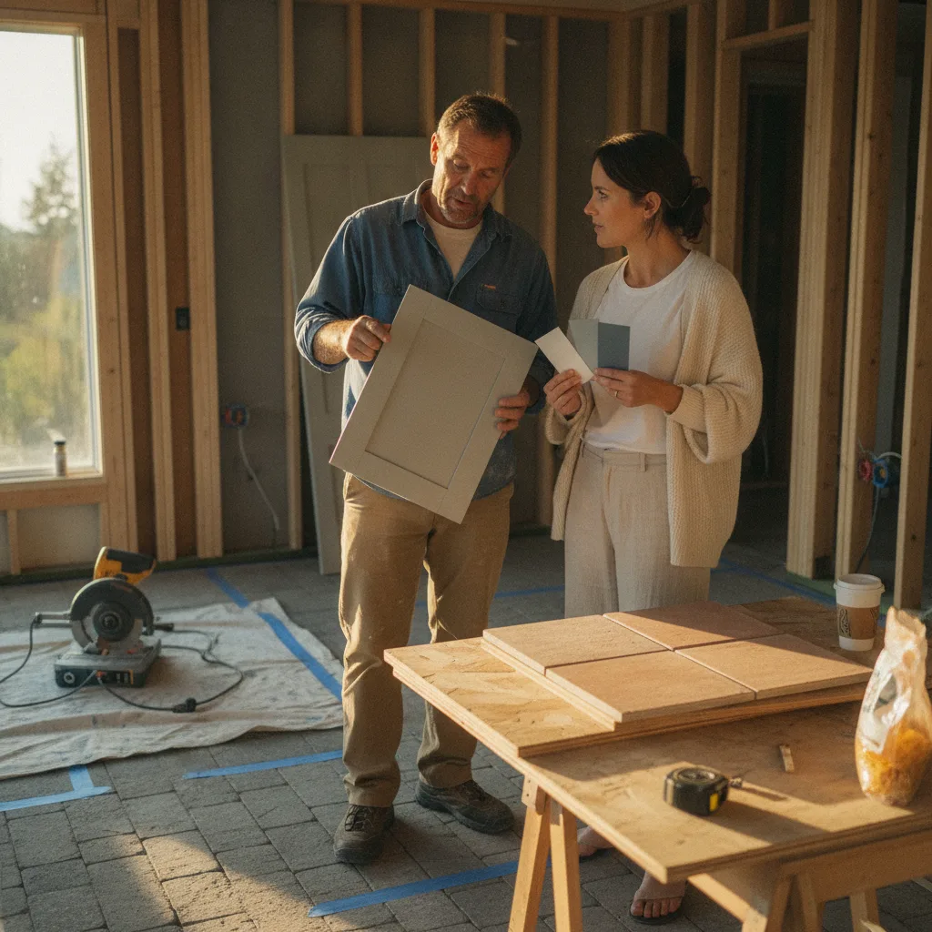 A Bellevue homeowner and a paver patio contractor review paver samples from Mutual Materials and Belgard on a partially prepared subgrade.