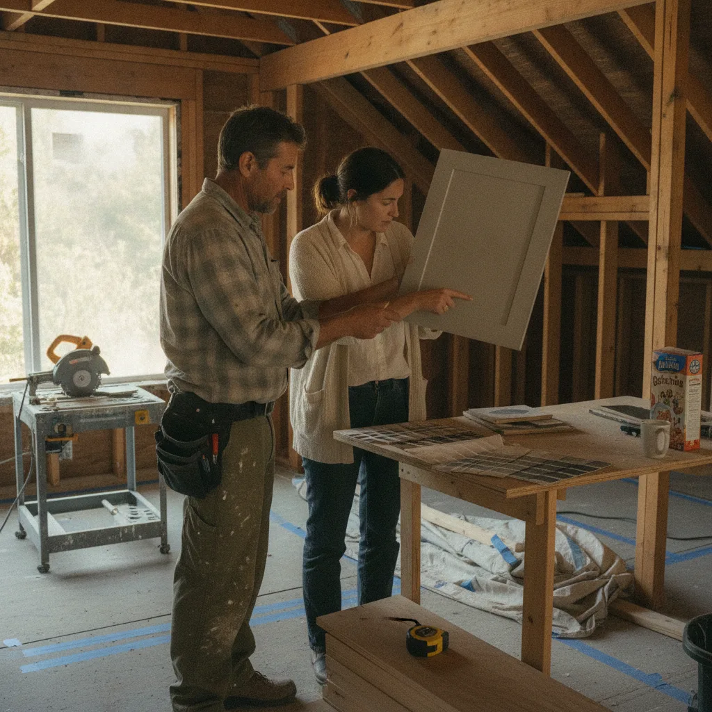 A Seattle homeowner and a roofing contractor examining architectural shingle samples on a porch with the gray sky visible behind them.