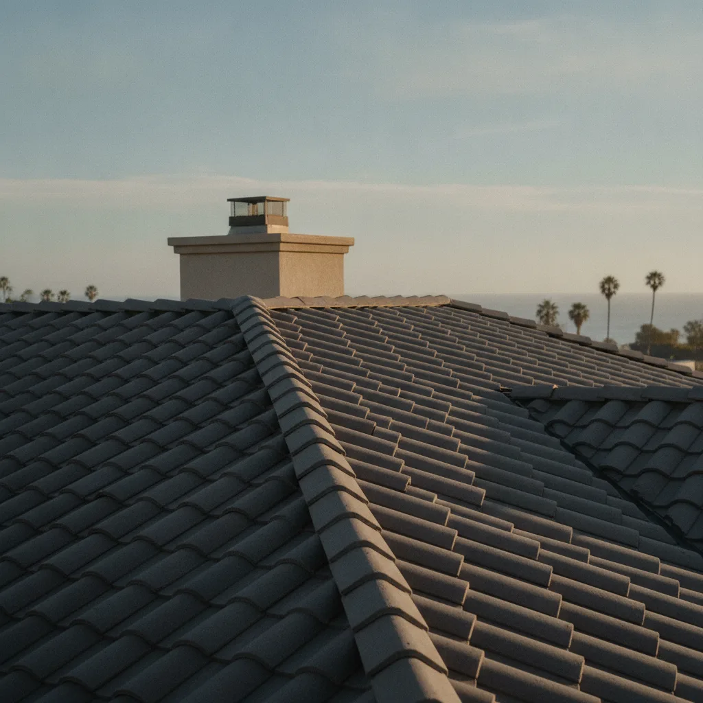 A Long Beach homeowner and their roofing contractor review samples of architectural shingles and standing seam metal roofing panels on a driveway.
